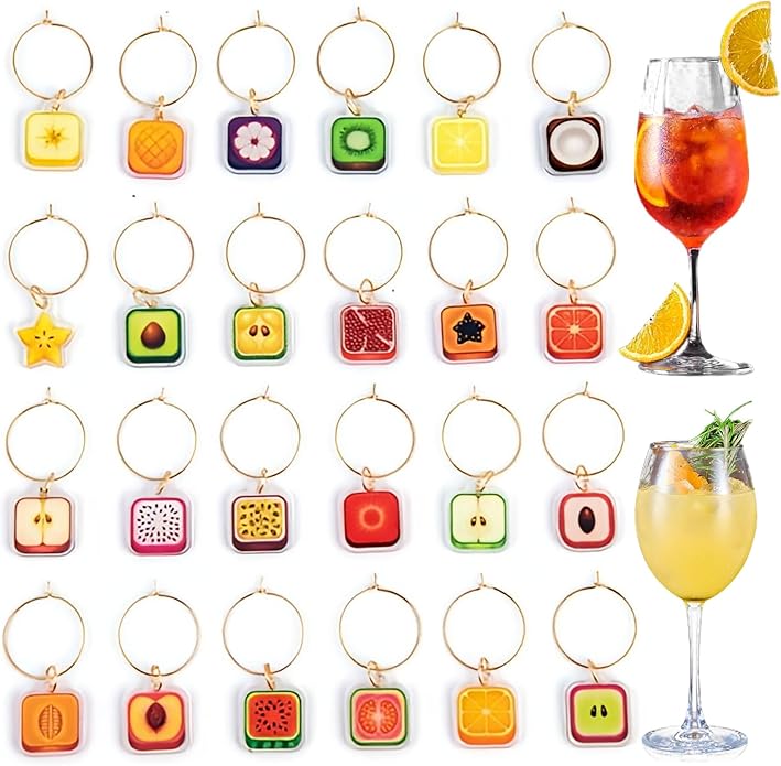 24Pcs Wine Glass Charms & Markers - Reusable Identifier Tags for Stem Glasses - Funny Non-Scratch Charms for Summer Beach, Christmas & Wine Party
