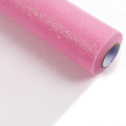 ICOSHOW Sparkling Tulle Rolls, 15” by 30 Yards (90FT) Glitter Tulle Spool Ribbon Fabric for Wedding Birthday Bridal Shower Tutu Skirt Party Gift Wrapping (Pink)