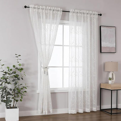 VISIONTEX Sheer Curtains 84 inch Length 2 Panels Set, Decorative Beige Coral Embroidery, Rod Pocket Embroidered Window Drapes for Living Room and Bedroom, 54" x 84"