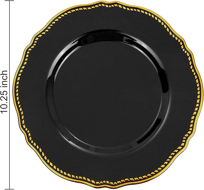 Hioasis 60pcs Balck Plastic Plates - Black and Gold Disposable Dinnerware with Gold Rim, Heavy-duty, 10.25 inch, Dinner Plates for Party & Wedding