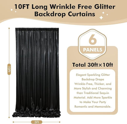 30ftx10 ft Black Glitter Sequin Backdrop Curtain for Parties, Wrinkle Free Sparking Backdrop Drapes, 6 Panels 5x10ft Shimmer Photo Back Drop Cloth for Wedding Birthday Photography Background