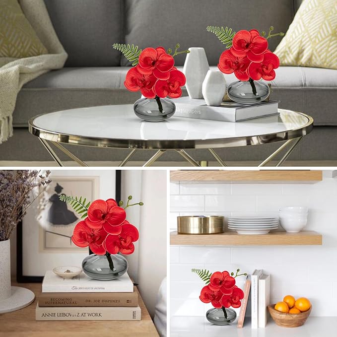 Red Orchids Artificial Flowers Faux Orchids Arrangement in Black Glass Vases Set of 3 Real Touch Phalaenopsis Orchid Flowers Small Fake Orchid Centerpiece for Dining Room Table