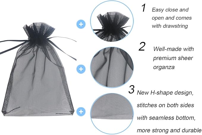 Wudygirl 100pcs Drawstring Organza Bags 5 x 7 Inch Black Transparent Jewelry Lipstick Pouches Baby Shower Party Wedding Holidays Favor Seashell Candy Favor Bags(Black 5x7'')