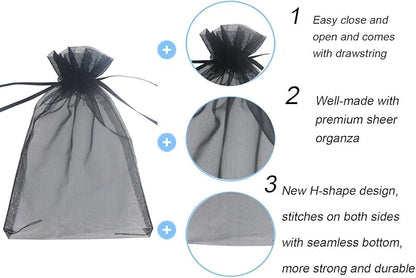 Wudygirl 100pcs Drawstring Organza Bags 5 x 7 Inch Black Transparent Jewelry Lipstick Pouches Baby Shower Party Wedding Holidays Favor Seashell Candy Favor Bags(Black 5x7'')
