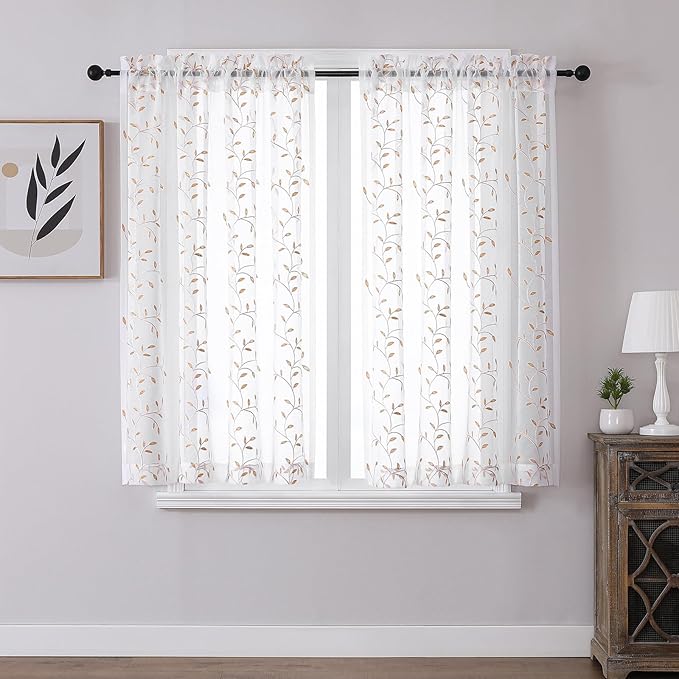 VISIONTEX White Sheer Voile Curtains, Decorative Orange Leaves Embroidery Faux Linen Rod Pocket Window Drapes for Home Kitchen, Living Room and Bedroom 54 x 54 Inch, Set of 2 Curtain Panels