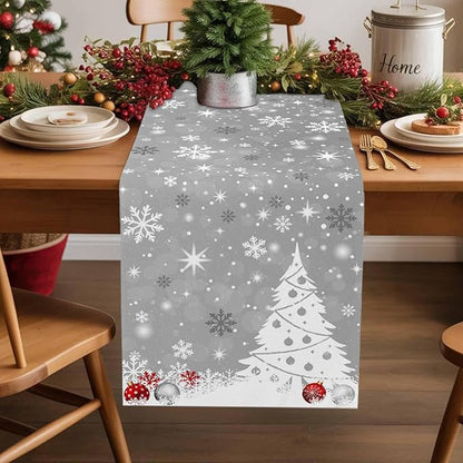 Christmas Snowflakes Cotton Linen Table Runner for Dining Kitchen, Xmas Tree Snow Winter Wedding Outdoor Party Tablerunners Decoration, Grey Balls Dresser Scarf Coffee Tablecloth Runners 13x36 Inches