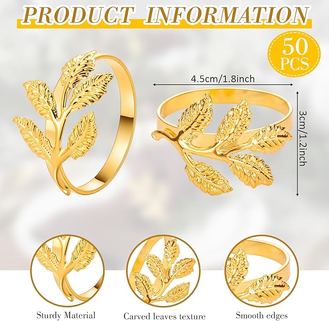 Bokon 50 Pcs Gold Napkin Rings Metal Leaf Napkin Holders Delicate Rings Bulk for Wedding Birthday Party Banquet Decoration(Small Leaves)
