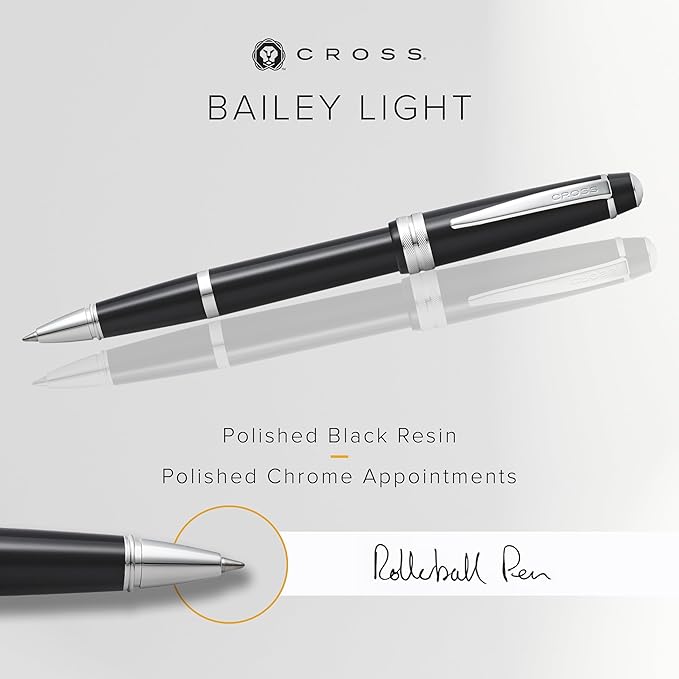 Cross Bailey Light Refillable Rollerball Pen Presented in a Everyday Gift Box - Medium Point, Black Ink, Glossy Black
