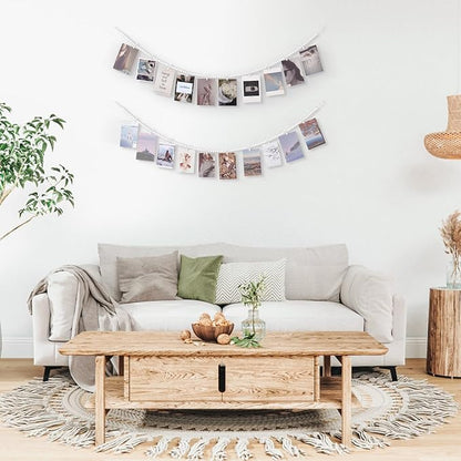Mkono Hanging Photo Display with Clips, Boho Wooden Bead Garland Banner, Collage Card Picture Kids Art Holder String with 10 Clips for Christmas Bedroom Dorm Decor, Teen Girl Gifts, White, 2 Pack