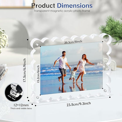 Magnetic Photo Frame 6×8Inch - 2Pack Acrylic Scalloped Glass Frames, 12+12mm Thick Double-Sided Design.Clear Picture Frame with Thick Block | Trendy Home Gift Set (2 Pack, 6×8)