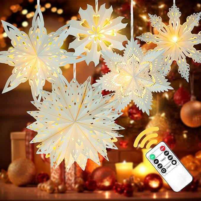 5 Pack Christmas Paper Snowflake Lanterns, Christmas Paper Star Lantern with LED Light White Hanging Lamp Ornaments for Xmas Tree New Year Winter Frozen Weddings Birthday Holiday Party Decorations