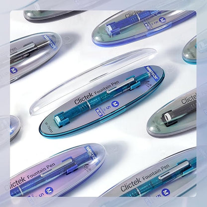 WRITECH Clictek Fountain Pen Retractable: Medium Nib Blue Ink Transparent Barrel Includes 5 Refillable Ink Cartridges, Smooth Writing No Leaking