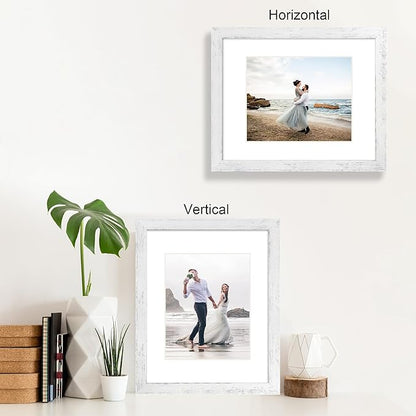 11x14 Picture Frame Set of 4 with Tempered Glass, Distressed White Frame Display 8x10 Picture with Mat or 11 x 14 Without Mat, Wood Rustic Photo Frames for Horizontal or Vertical Wall Mounting