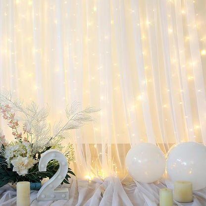 White Tulle Backdrop Curtain with Lights String for Parties Wedding Bridal Shower Sheer White Curtain Backdrop for Birthday Baby Shower Photo Booth Photography Background Decorations 20ft x 10ft