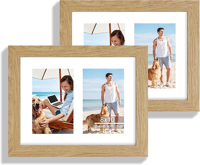 8x10 Picture Frame Set of 2, Natural Oak Wood Frame with Glass Collage Frame, Display Pictures Two 4x6 With Mat or 8 x 10 Without Mat - Horizontal or Vertical Wall Mounting