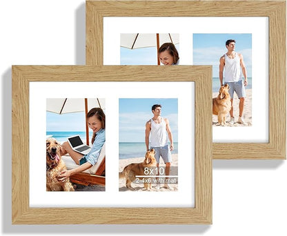 8x10 Picture Frame Set of 2, Natural Oak Wood Frame with Glass Collage Frame, Display Pictures Two 4x6 With Mat or 8 x 10 Without Mat - Horizontal or Vertical Wall Mounting