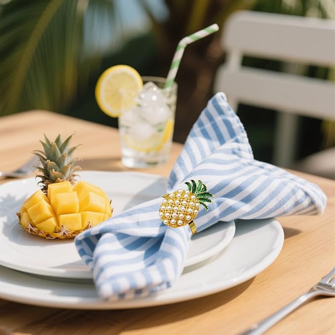 Napkin Rings Set of 8 Pearl Pineapple Napkin Rings for Napkins,Gold Napkin Holders for Cloth Napkins,Summer Napkin Ring for Farmhouse Dining Table Decor,Rustic Fruit Napkin Ring Holders