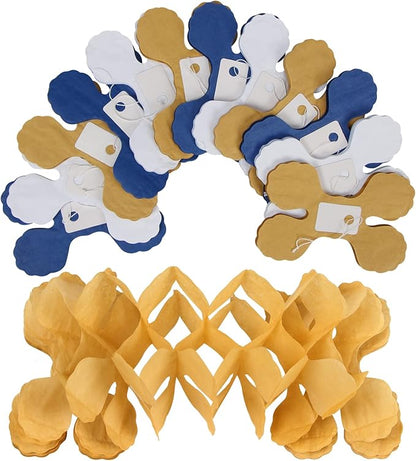 Navy-Blue White-Gold Party-Decorations Streamers Garland - 12pcs Royal Blue Graduation 2025 4-Leaf Paper Clover Streamer Men Boy Birthday Wedding Bridal Shower Flower Banners Fathers day Decor Ouruola