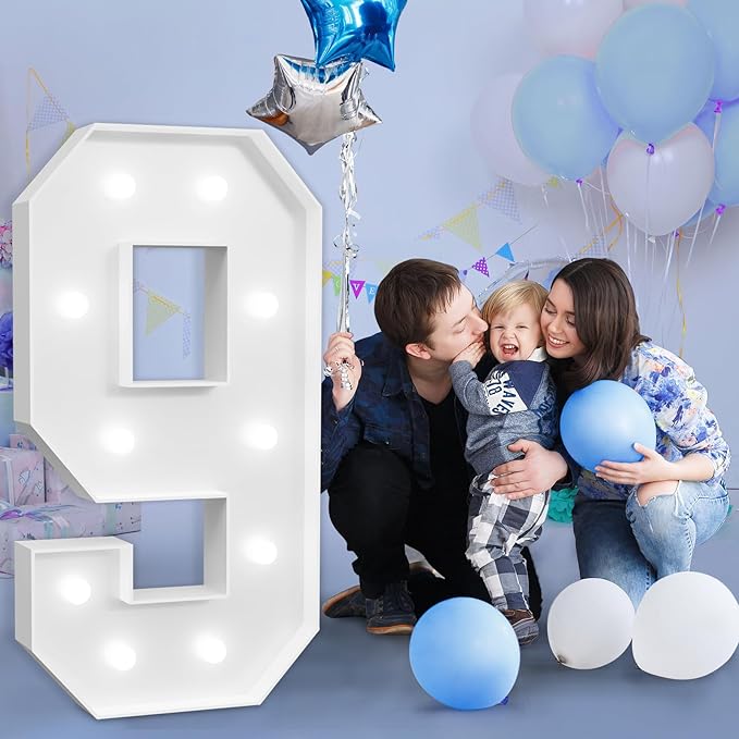 imprsv Marquee Numbers Large 9th-Birthday Decorations: 4ft Light Up Number Party Decor 9 Year Old Girl and Boy Birthday Decoration Backdrop Anniversary Cardboard Big Mosaic Balloon Frame Number 9