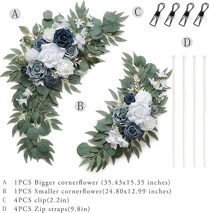 Dusty Blue Flower for Wedding Welcome Signs Decorations, Artificial Wedding Arch Flowers for Wedding Ceremony (Set of 2)