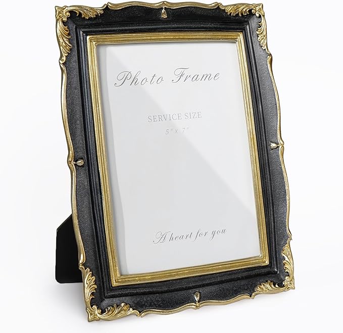 Cuspin Vintage Picture Frame 5x7 Black and Gold Frame, Ornate Textured Hand-Crafted Resin Photo Frames with Glass Front, Decorative Picture Frame for Wall & Tabletop, Antique Frame Home Decor