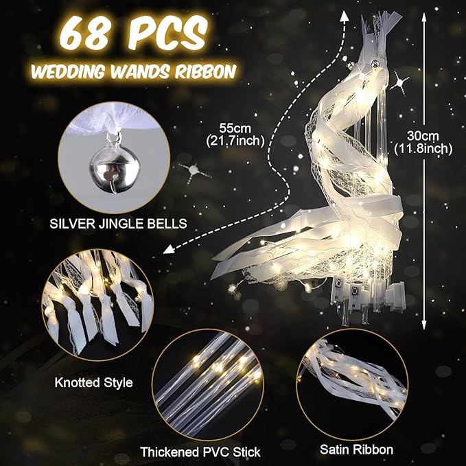 68PCS Light up Wands for wedding, Wedding Wands Streamers with 3 Colorful Flashing Modes, Fairy Wands, LED Silk Fairy Wand with Bells for Wedding, New Year, Thanksgiving, Concert