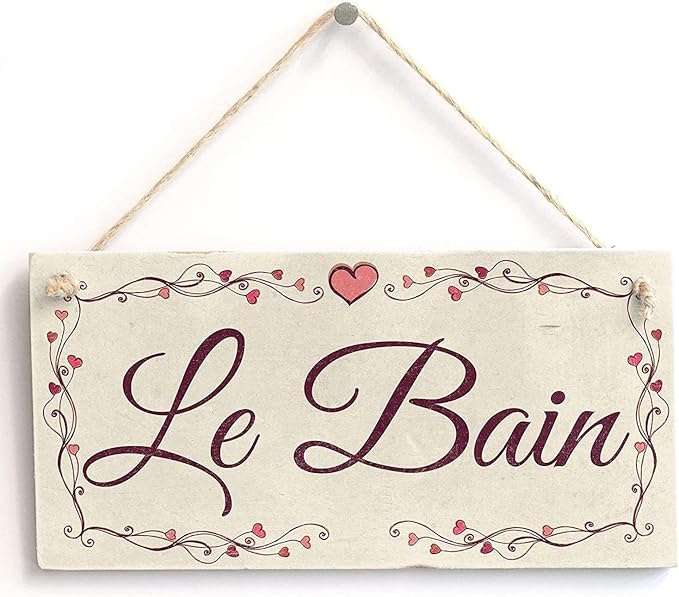 Rustic Wooden Signs Le Bain Heart Wood Signs Plaque Bathroom Sign Wall Art Decor Kitchen Cafe Pub Decor Gift 6x12 INCH
