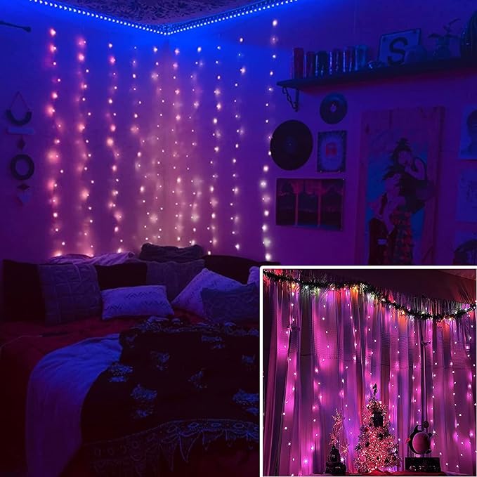 Fairy Curtain Lights - 16-Color Changing String Lights with Remote, 4 Lighting Modes, Ideal for Christmas, Weddings, Parties, Room Decor - Rainbow Backdrop