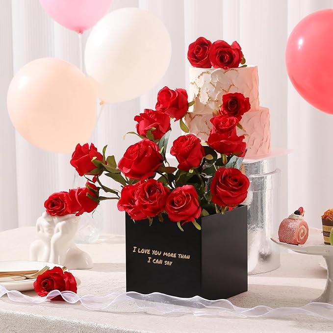 Tifuly 12 Pcs Red Roses Artificial Flowers,Realistic Long Stem Fake Silk Roses Bouquet for Party Home Wedding Centerpiece Office Decor