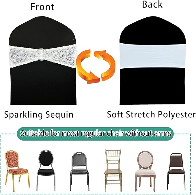 50 Pcs Chair Sashes Sequin Stretch Chair Bands Spandex Polyester Bows for Party Hotel Wedding Banquets Decoration - White