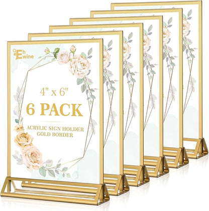 EHWINE 6 Pack Acrylic Sign Holder 4 x 6, Double Sided Gold Picture Frame Stand up Table Top Sign Holders, Clear Display Stand Menu Flyer Holder for Wedding Party