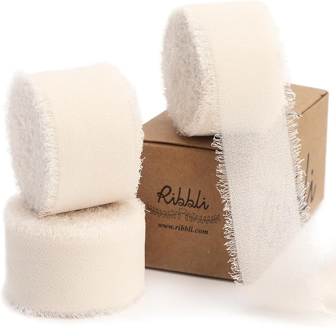 Ribbli Cream White Ribbon 1 Inch x 3 Rolls Total 24 Yards Cream Handmade Fringe Chiffon Silk Ribbon for Wrapping Wedding Invitations Bridal Bouquets DIY Crafts Home Decor