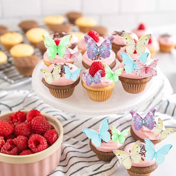 Ephlyn 40Pcs Edible Butterfly Cupcake Toppers 3D Butterfly Cake Picks Mixed Color Cake Decorations for Baby Shower Wedding Kids Birthday Party Supplies Light Multicolor