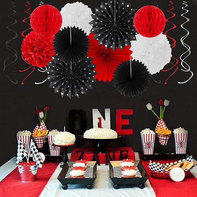 Black White-Red Party-Decorations - 33pcs Birthday Banner,Streamers Tassel Garland,Tissue Pom Poms Honeycomb,Paper Lantern Fans,Men Women Wedding Baby Shower Graduation Backdrop Supplies Decor Hugtmr