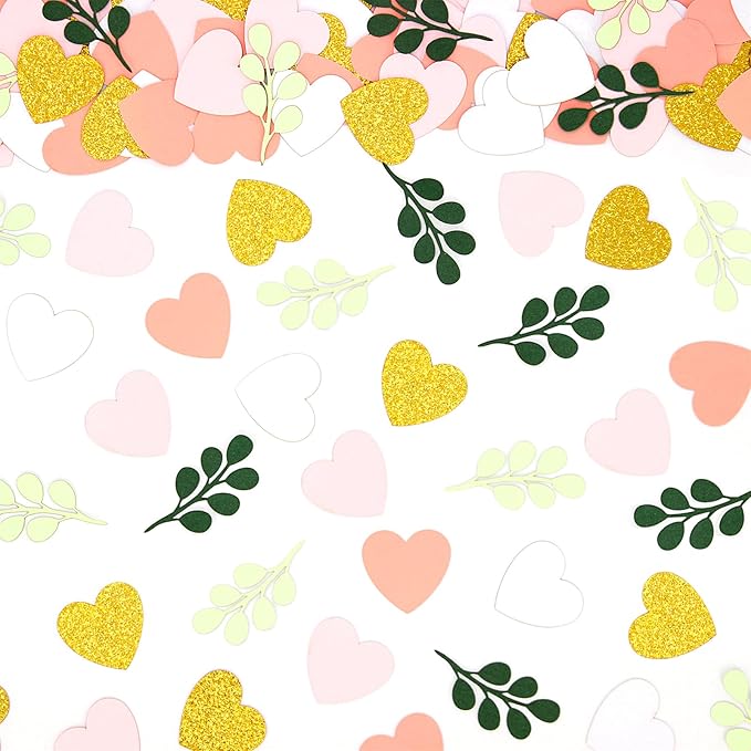 200PC Heart Wedding Confetti Greenery Eucalyptus Table Scatters for Pink and Sage Green Bridal Shower/Birthday/Baby Shower/Bachelorette Party Decoartions