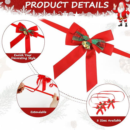 Christmas Bows for Gift Wrapping, 24 Elastic Red Stretch Loops with Bows,3 Sizes Red Bows Ribbon Crafts Perfect Boxes, Party Favors and Weddings