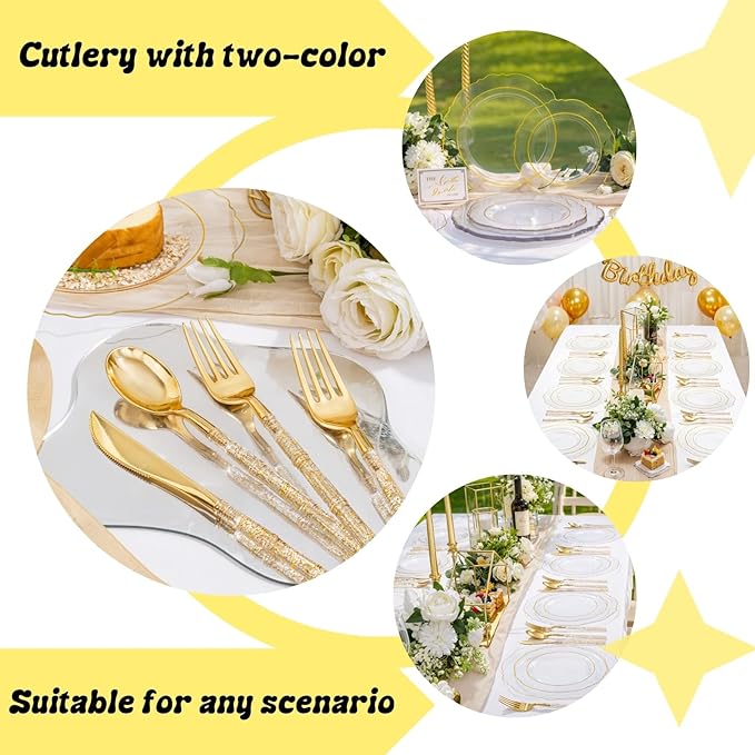 Liacere 150PCS Clear Gold Plastic Plates - Disposable Plastic Silverware with Glitter Bamboo Handle Cutlery-Baroque Clear Gold Disposable Plates for Wedding & Party & Thanksgiving &Fall Decor