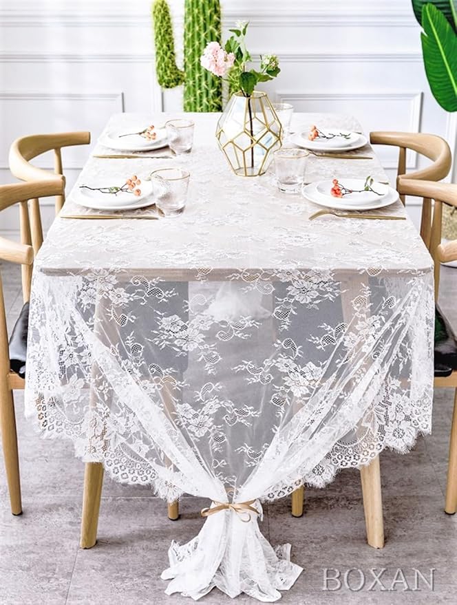 BOXAN 60x120 Inch Gorgeous White Lace Tablecloth Overlay Rose Vintage Embroidered, Romantic Boho Wedding Reception Table Decor, Baby & Bridal Shower Décor, Elegant Chic Outdoor Tea Party Tablecover