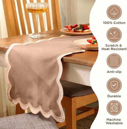 Folkulture Table Runners | Fall Table Runner 108 inches Long | Scallop Table Runner for Fall Decor or Boho Decor | Brown Table Runners for Dining Room | Thanksgiving Decorations for Home