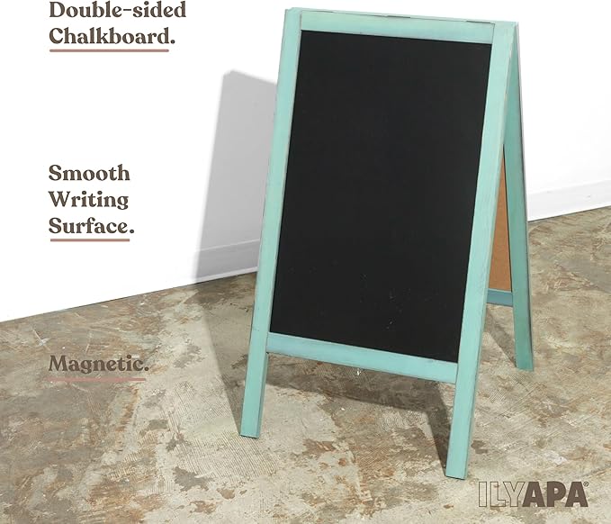 Ilyapa Wooden A-Frame Sign with Eraser & Chalk - 40 x 20 in Magnetic Sidewalk Chalkboard – Turquoise Menu Display for Restaurant, Business Or Wedding