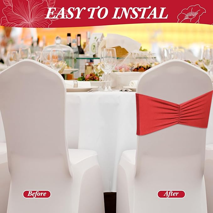 Moukeren 100 Pcs Spandex Chair Sashes Bows Bands Slider Sashes for Chair Covers Elastic Bands Ties Ribbon Decorations for Wedding Party Events Ceremony Birthday Banquet(Red)