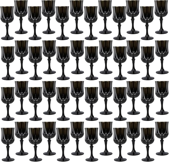 Plastic Wine Glasses，Plastic Goblets Vintage Style Cordial Drinking Glasses for Wedding Reception, Halloween Grand Event Party Supplies (48, Black)