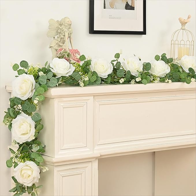 Dolicer 4Pcs 26Ft Artificial Eucalyptus Garlands with Flowers - 8 Roses, Faux Floral Greenery Garlands Fake Flowers Vines for Wedding Table Centerpieces Arch Party Ceremony Backdrop Decor (White)