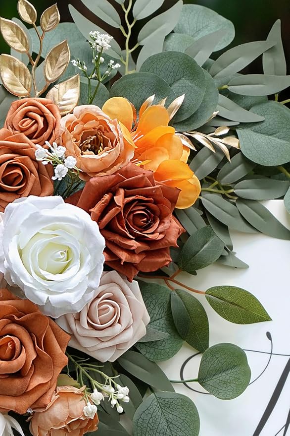 Artificial Flower Swag Set of 2 for Wedding Welcome Signs Floral Decorations, Burnt Orange Wedding Arch Flowers for Wedding Ceremony