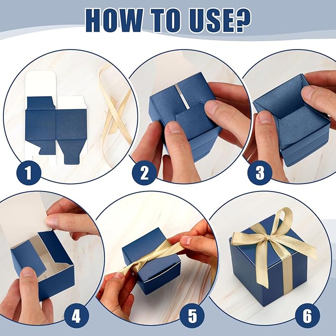 Jutom 100 Pcs Mini Favor Boxes Extra Small Candy Boxes Paper with Gold Ribbon for Christmas Thanksgiving Day Birthday Wedding Anniversary Supplies(2 x 2 x 2 Inch,Navy Blue)