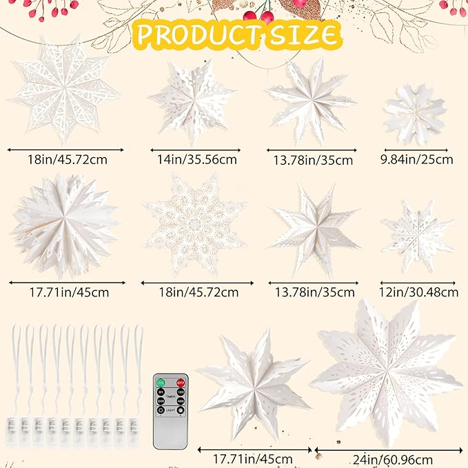 10 Pcs Christmas Paper Snowflake Lanterns, Large Christmas Paper Star Lanterns with LED Lights White Hanging Snowflake Lamp Ornaments for Xmas Winter Frozen Weddings Birthday Holiday Party Decorations