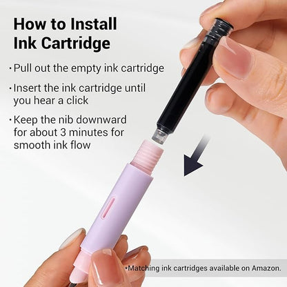 WRITECH Fountain Pen Soft Grip: Fine Nib Black Ink Pen with 3 Ink Cartridges and 1 Replacement Nib Set Smooth Writing for Journaling Calligraphy Gift (Pink)