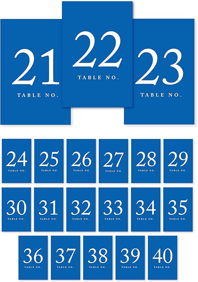 Andaz Press Royal Blue Wedding Table Numbers 21-40, 4x6-Inches Table Number Cards For Wedding Reception Table Number For Seating Chart For Wedding Reception, Restaurant, Classroom, Boda