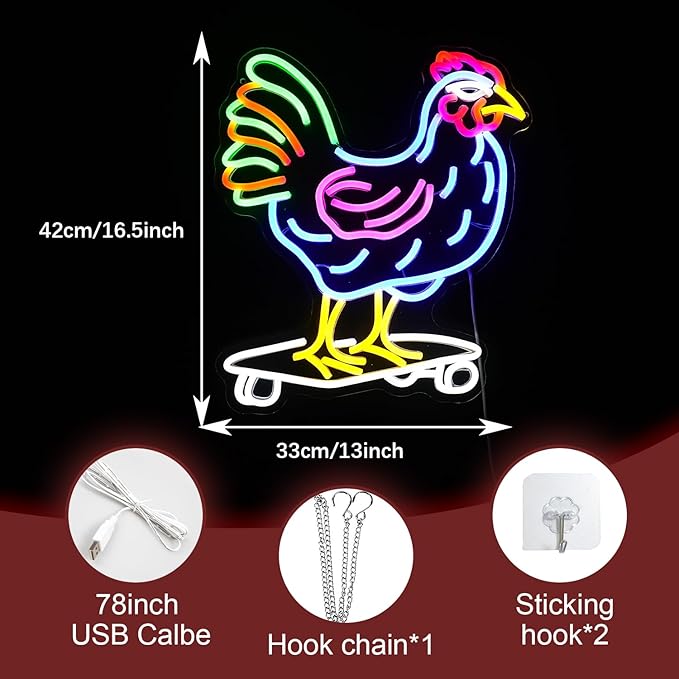 Dimmable Chicken Neon Sign for Wall Decor Funny Skateboarding Rooster LED Neon Light USB Powered Light Up Animal Sign for Bedroom Birthday Party Kids Gifts(16.5 * 13In）