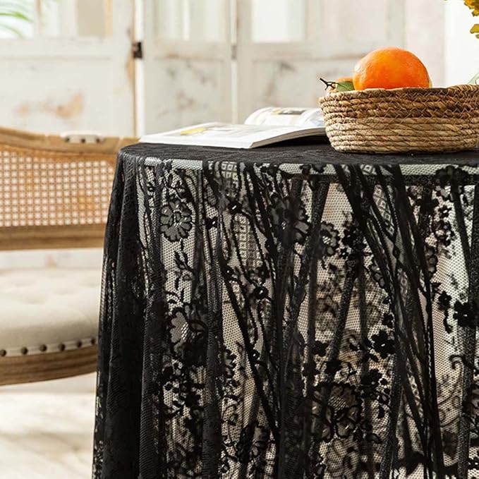 Vintage 60 inch Black Lace Tablecloth Floral Embroidered Boho Shabby Chic Small Table Cover for Wedding Halloween Party Dinning Holiday, 1 Piece